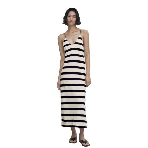 Atelier Evene Paris Women's Black‎ and Cream Striped Strap Dress size S/M #P3 - Picture 1 of 8
